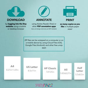 May include: A turquoise and white infographic with instructions on how to download, annotate, and print digital files. The infographic includes a cloud with a downward arrow, a pencil, and a printer. It also lists different paper sizes with their dimensions in inches, including A4, US Letter, HP Classic, A5, and Half Letter.