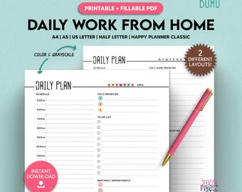 Work From Home Planner Printable Fillable, Office organizer Business Daily Productivity Hourly Schedule A4/A5/Half Size/Letter/Happy Planner