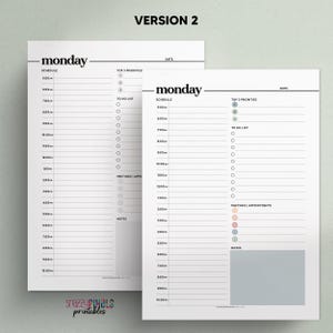 May include: Two printable daily planner pages with a black and white design. The pages are titled "Monday" and feature a schedule, to-do list, top 3 priorities, meetings and appointments, and notes sections. The pages are designed for use with a pen or pencil.
