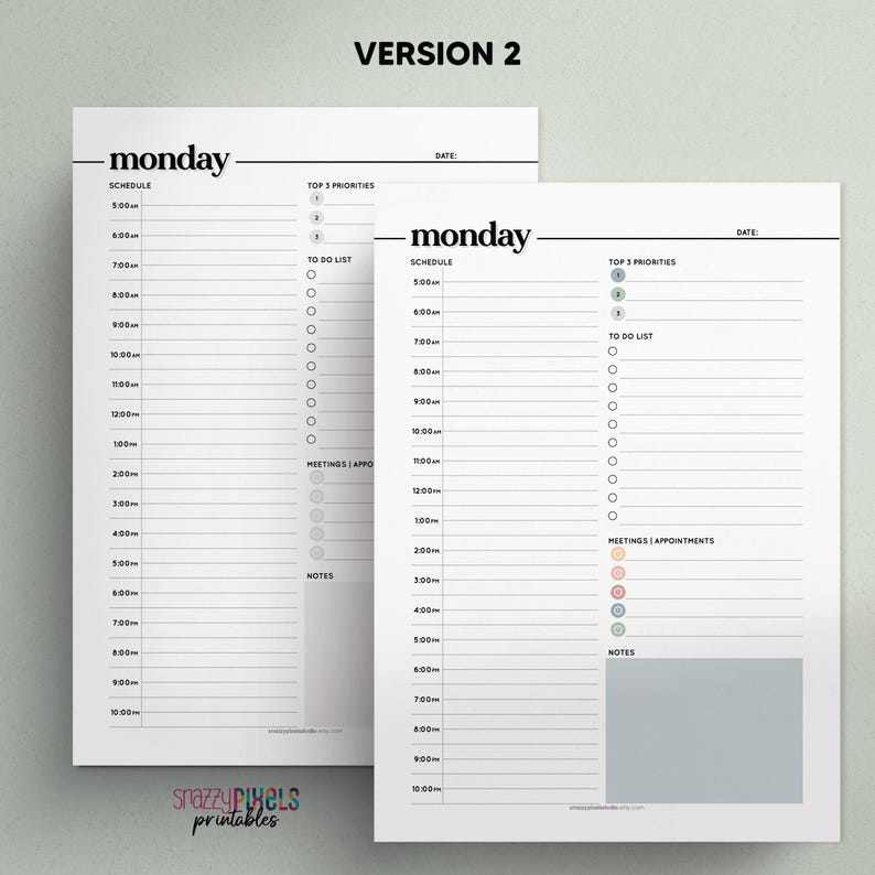 May include: Two printable daily planner pages with a black and white design. The pages are titled "Monday" and feature a schedule, to-do list, top 3 priorities, meetings and appointments, and notes sections. The pages are designed for use with a pen or pencil.