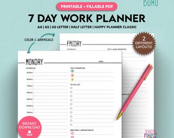 7 Day Work From Home Planner Printable Fillable, Office Business Daily Productivity Plan Hourly Schedule A4/A5/Half Size/Letter/HappyPlanner