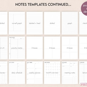 May include: A set of 12 printable note templates for planning and note-taking. The templates include Cornell dotted, Cornell graph, dashed and lined, dotted, graph, checklist x 2, checklist x 4, priority matrix, 2 boxes, 4 boxes, 6 boxes, 8 boxes, project planner, daily schedule, weekly planner, month overview, meeting notes, and lecture notes.