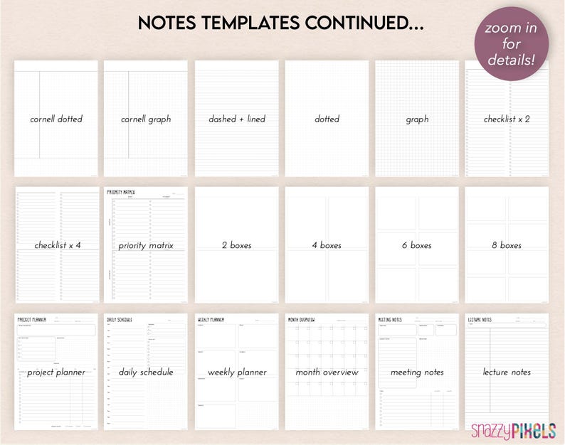 May include: A set of 12 printable note templates for planning and note-taking. The templates include Cornell dotted, Cornell graph, dashed and lined, dotted, graph, checklist x 2, checklist x 4, priority matrix, 2 boxes, 4 boxes, 6 boxes, 8 boxes, project planner, daily schedule, weekly planner, month overview, meeting notes, and lecture notes.