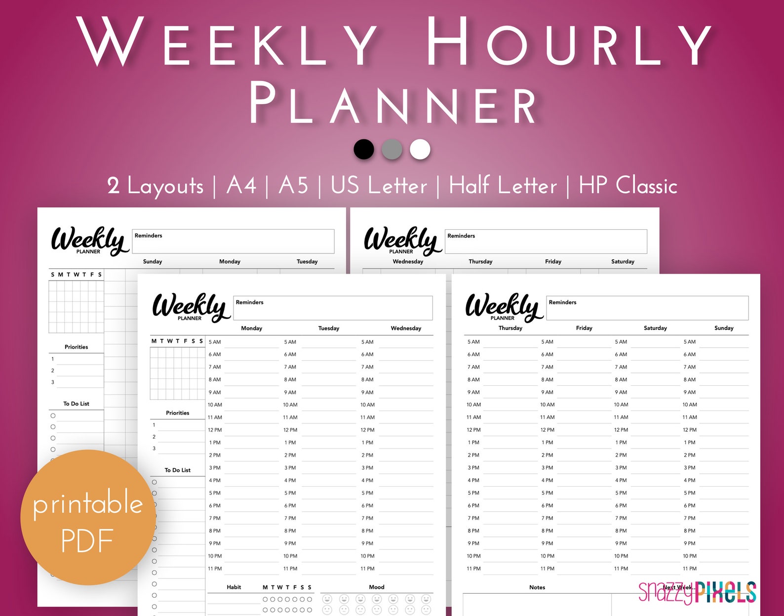 Weekly Hourly Planner Printable PDF B&amp;W Daily Schedule | Etsy
