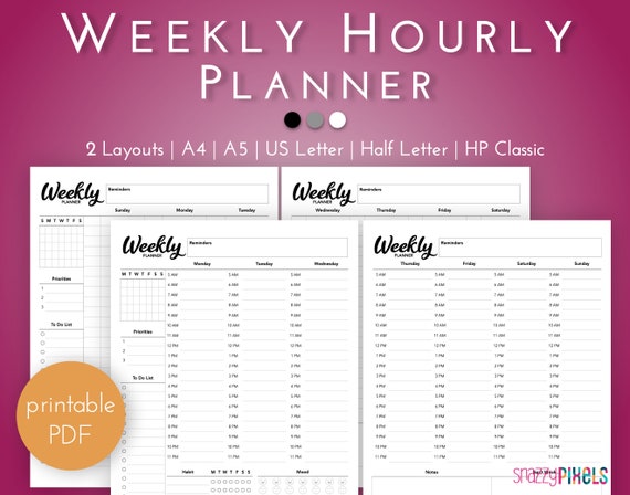 Weekly Hourly Planner Printable PDF B&amp;W Daily Schedule | Etsy