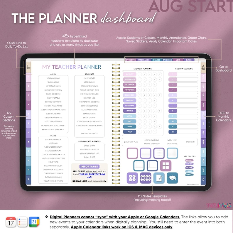 The digital teacher planner homepage and index with hyperlinks to teaching templates, yearly, monthly, weekly, daily planner templates, and digital notes pages
