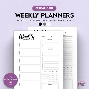 Weekly Planner Printable PDF (B&W), Weekly Schedule, Week Organizer, Planner Insert, Work Planner | A4 A5 Letter Half Letter Happy Planner