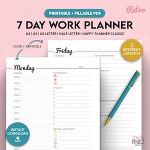 Planificador de trabajo desde casa de 7 días, imprimible y rellenable, plan de productividad diaria para la oficina, horario por horas, tamaño A4/A5/mediano/carta/HappyPlanner