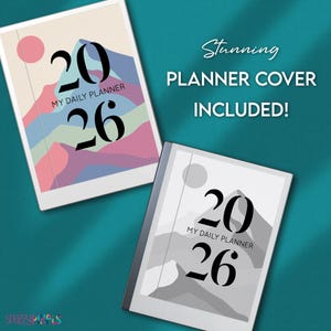 May include: Two planners with covers featuring a mountain design and the numbers "20" and "26." One planner has a colorful design, the other is grayscale. The text "MY DAILY PLANNER" is also visible.