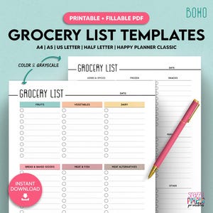 Plantilla imprimible de lista de compras, planificador de compras, lista de compras de alimentos, A4/A5/carta de EE. UU./media carta/planificador Happy Classic, PDF rellenable