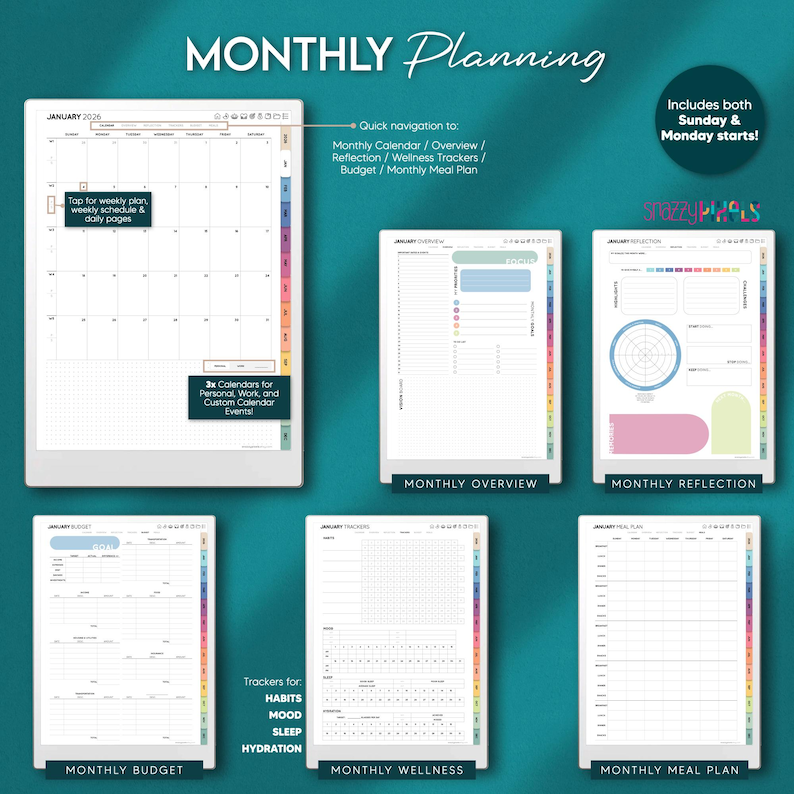 May include: A digital planner with the text "MONTHLY Planning" and "January 2026". The planner includes sections for monthly calendars, overview, reflection, wellness trackers, budget, and meal plans. It also includes trackers for habits, mood, sleep, and hydration.