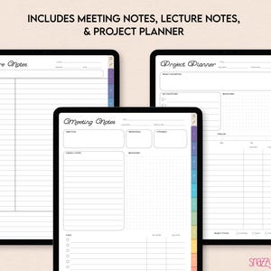 Puede incluir: Tres plantillas de planificador digital para iPad o tableta. Las plantillas son para notas de clase, notas de reuni&oacute;n y planificaci&oacute;n de proyectos. Cada plantilla tiene un divisor con pesta&ntilde;as de colores.