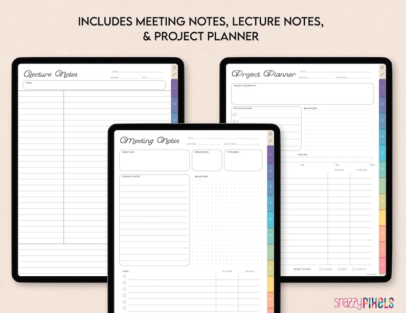 Puede incluir: Tres plantillas de planificador digital para iPad o tableta. Las plantillas son para notas de clase, notas de reuni&oacute;n y planificaci&oacute;n de proyectos. Cada plantilla tiene un divisor con pesta&ntilde;as de colores.