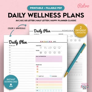 Plan de bienestar diario imprimible, lista de tareas diarias para completar, agenda minimalista sin fecha, cuidado personal, tamaño A5, medio tamaño, A4, carta, planificador feliz
