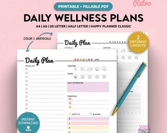 Printable Daily Wellness Plan, Retro Self Care Planner (Fillable PDF)