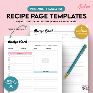 Modèle imprimable de page de recettes, livre de recettes, carte de recettes, carnet de cuisine maison, format A4/A5/US Letter/demi-lettre/Happy Planner, PDF à remplir