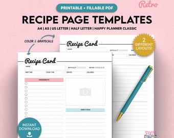 Printable Recipe Card Template, Retro Style, Fillable PDF