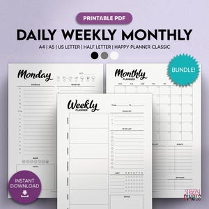 Productivity Planner Printable PDF (B&W), Daily Weekly Monthly Planner Set, Planner Inserts | A4 A5 Letter Half Letter Happy Planner