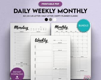 Productivity Planner Printable PDF (B&W), Daily Weekly Monthly Planner Set, Planner Inserts | A4 A5 Letter Half Letter Happy Planner