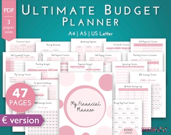 Budget Planner Printable PDF (EURO Pink), Financial Planner Printable, Budgeting Binder, Finance Tracker Bundle, Paycheck Budget Template