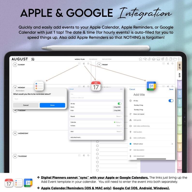 Pode incluir: Um planejador digital exibido na tela de um tablet mostrando recursos de integra&ccedil;&atilde;o com Apple e Google. A interface inclui p&aacute;ginas de planejamento semanal, pop-ups de eventos de calend&aacute;rio e &iacute;cones. Uma caneta stylus repousa sobre o topo.