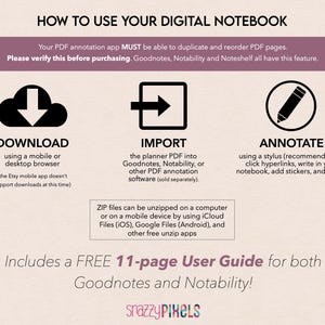 May include: A pink and white graphic with instructions on how to use a digital notebook. The graphic includes three icons: a download arrow, an import arrow, and a pencil. The text says "How to Use Your Digital Notebook" and "Includes a FREE 11-page User Guide for both Goodnotes and Notability!"