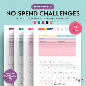 No Spend Challenge Printable (2 Page PDF), Savings Challenge, No Spend Planner, 30 Day No Spend Tracker | 5 Sizes, Instant Download