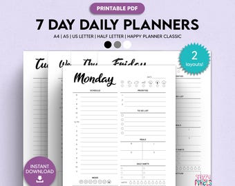 Daily Planner Printable PDF (B&W), Hourly Schedule, Daily Organizer, Undated, Insert, Work Planner | A4 A5 Letter Half Letter Happy Planner