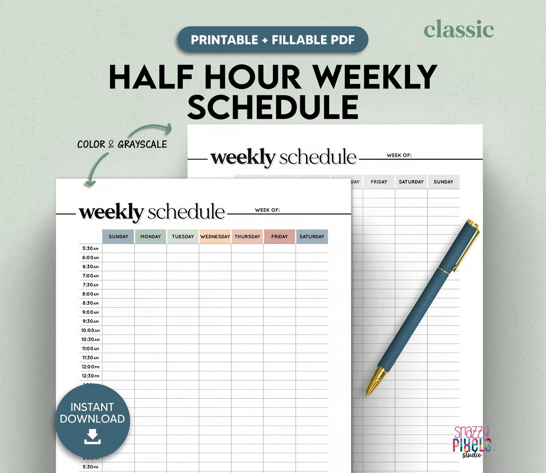 Half Hourly Weekly Schedule Printable Fillable PDF, to Do List ...