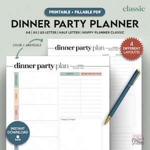 Modelo de planejador de jantar para impressão, plano de menu de jantar, planejador de alimentos, planejador de eventos, A4/A5/carta/tamanho médio/planejador feliz, PDF preenchível