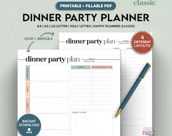 Dinner Party Planner Printable Template, Dinner Menu Plan, Food Planner, Event Planner,  A4/A5/Letter/Half Size/Happy Planner, Fillable PDF