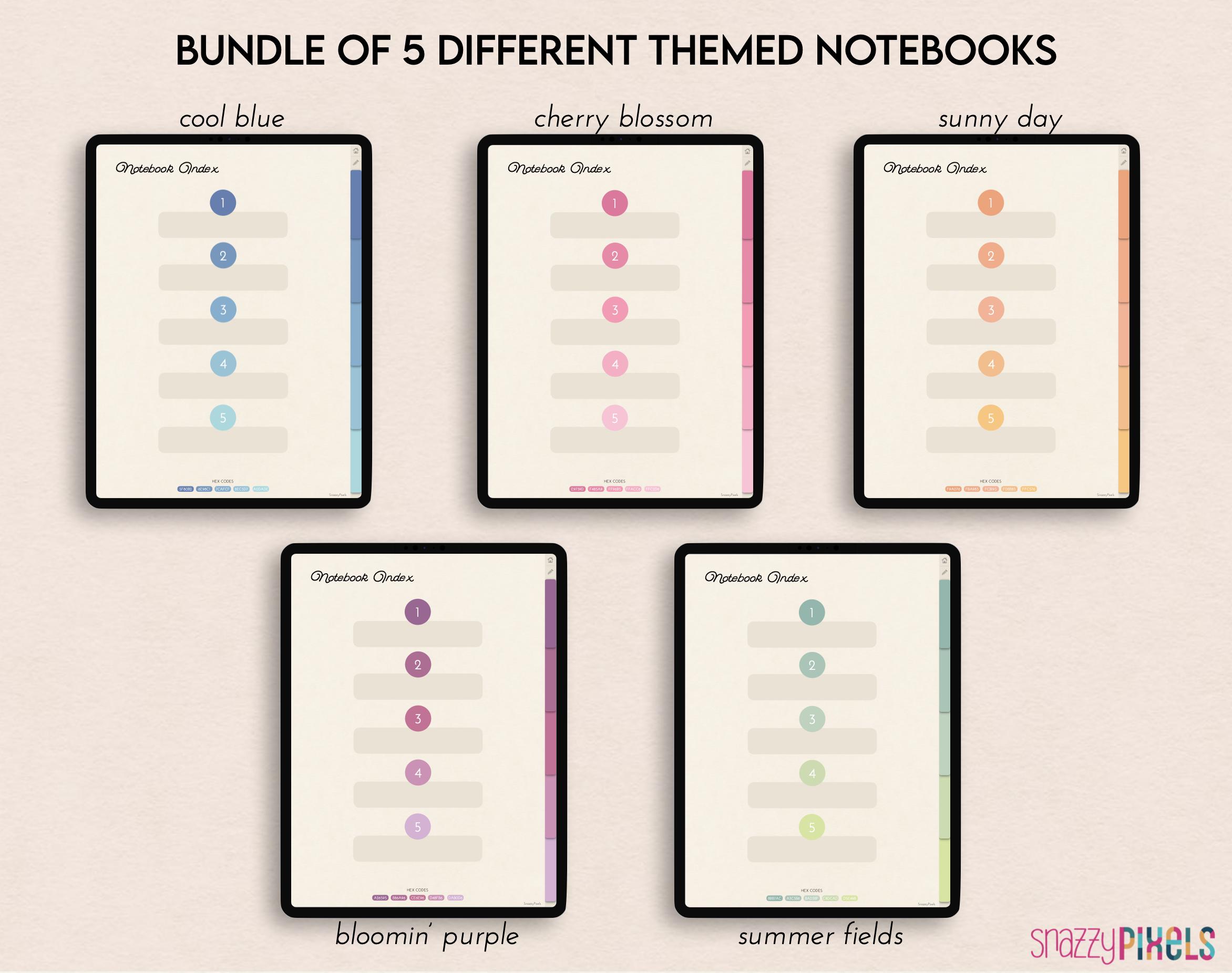 Multicolor Digital Notebooks, 5-tab, Templates and Stickers (digital ...