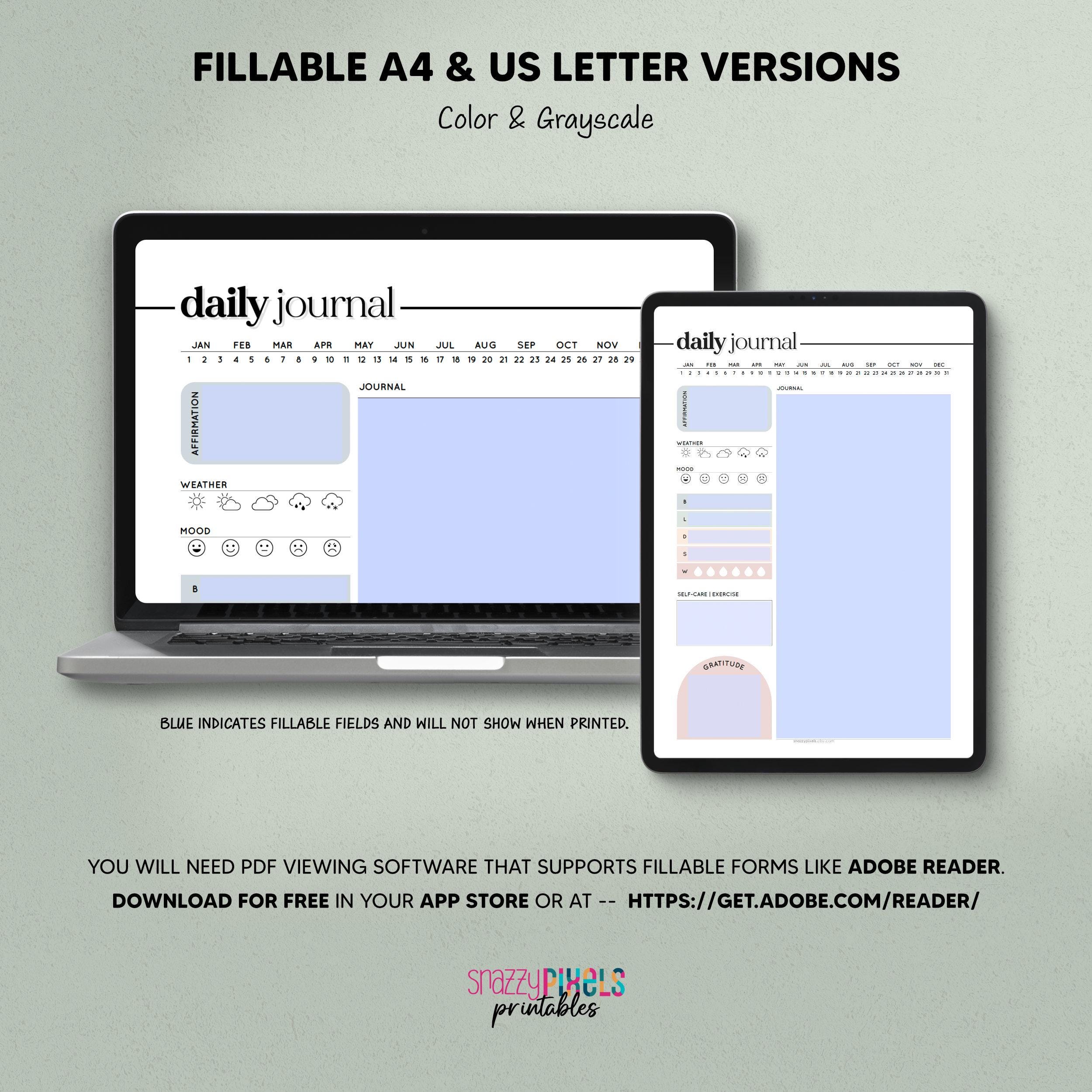 Fillable Journal Daily Journal Printable Fillable PDF, Daily Diary Self Care Gratitude ...