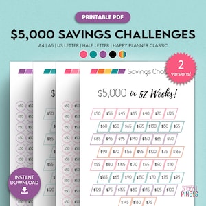 May include: Printable PDF document with four different versions of a $5,000 savings challenge in 52 weeks. Each version has a different color scheme and uses a grid format to track weekly savings amounts. The text "Savings Challenge" and "$5,000 in 52 Weeks!" is included in the document.