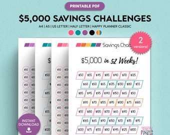May include: Printable PDF document with four different versions of a $5,000 savings challenge in 52 weeks. Each version has a different color scheme and uses a grid format to track weekly savings amounts. The text "Savings Challenge" and "$5,000 in 52 Weeks!" is included in the document.