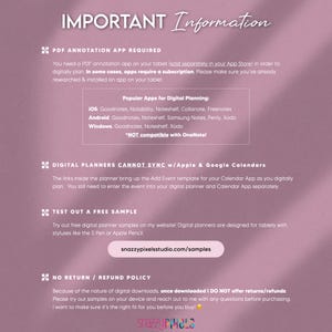 Important information about digital planner PDF files. They require a PDF annotation app such as Goodnotes Notability Noteshelf or Samsung Notes.