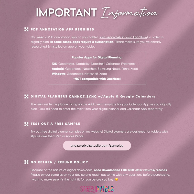Important information about digital planner PDF files. They require a PDF annotation app such as Goodnotes Notability Noteshelf or Samsung Notes.