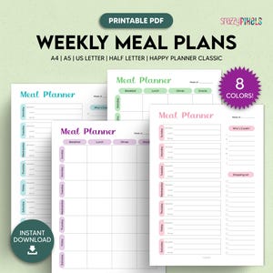 Weekly Meal Plan Templates, Printable Weekly Meal Planner, Menu Planner, Weekly Meal List | A4, A5, Letter, Half Letter, Happy Planner