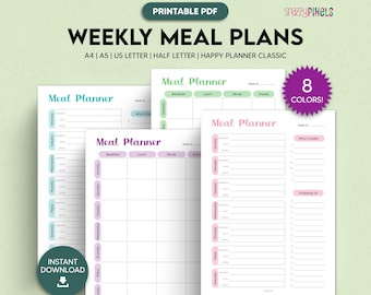 May include: Printable weekly meal planner templates in four different sizes: A4, A5, US Letter, and Half Letter. The templates are designed for use with the Happy Planner Classic system. The image shows four different meal planner pages, each with a different color scheme. The pages are labeled with the days of the week and include sections for breakfast, lunch, dinner, and snacks. The image also includes a text box that says "8 Colors!"