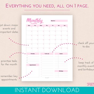 Month at a Glance Planner Printable PDF (color), Month Goals, to Do ...