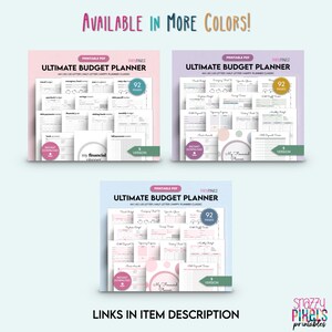 May include: Three printable PDF budget planner covers with pink, blue, and white backgrounds. Each cover features the text "Ultimate Budget Planner" and "92 Pages".