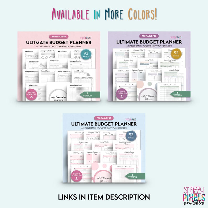 May include: Three printable PDF budget planner covers with pink, blue, and white backgrounds. Each cover features the text "Ultimate Budget Planner" and "92 Pages".
