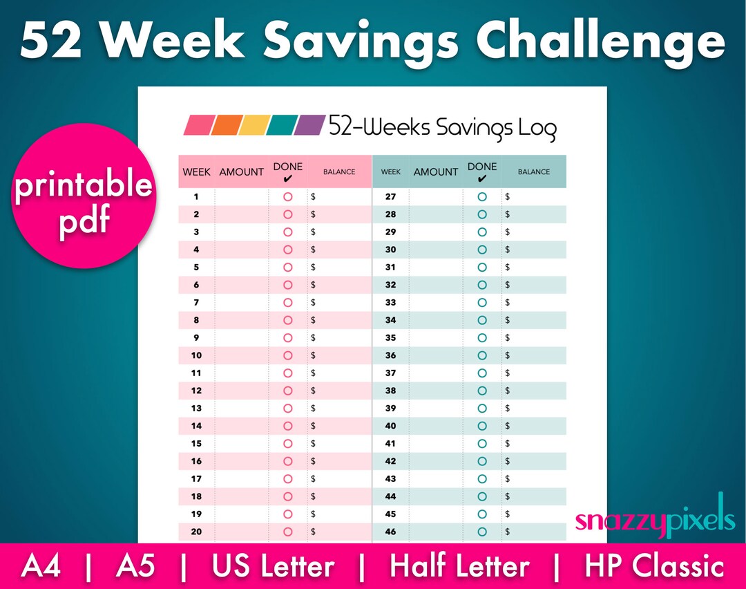 52 Week Savings Challenge printable PDF, Savings Challenge, 52 Week ...