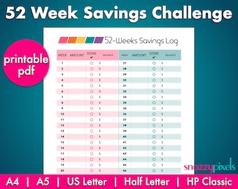 52 Week Savings Challenge (Printable PDF), Savings Challenge, 52 Week Savings Tracker, Money Challenge | 5 Sizes, Instant Download