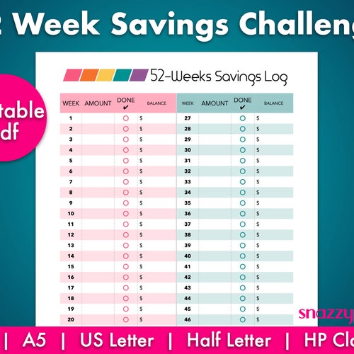 52 Week Savings Challenge printable PDF Savings Challenge - Etsy