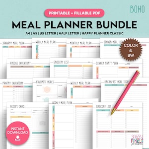 Può includere: Un set di planner di pasti stampabili in stile boho con una penna rosa in cima. Il set include pagine stampabili per piani pasto settimanali, liste della spesa, inventario del frigorifero, inventario della dispensa, pasti preferiti, idee per la colazione, idee per la cena, piani per cene e schede di ricette. Le pagine sono a colori e in bianco e nero.