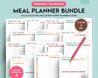 Meal Planner Printable, Weekly Meal Menu Planner DIY Recipe Planner Book Meal Prep Planner A4 A5 Letter Half Size Happy Planner Fillable PDF