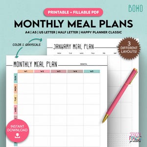 Modèle imprimable de planificateur de repas mensuel, planificateur de menus, planificateur de régime alimentaire, A4/A5/US Letter/demi lettre/Happy Planner, PDF imprimable à remplir