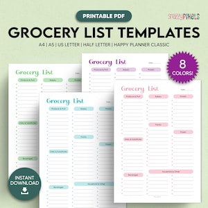 Può includere: Modelli di lista della spesa stampabili in 8 colori. I modelli sono progettati per i formati A4, A5, US Letter, Half Letter e Happy Planner Classic. I modelli hanno sezioni per frutta e verdura, panetteria, proteine, latticini e sostituti, dispensa, bevande, casa e altri.