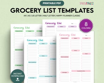 Grocery List Printable, Food Shopping List, Meal Planner, Meal Planning, Grocery Checklist | A4, A5, US Letter, Half Letter, Happy Planner